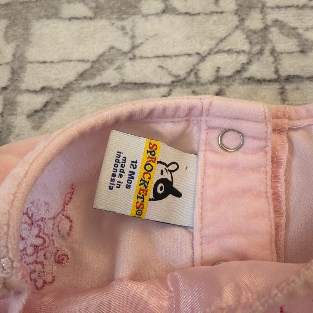 Sprockets Toddler Girls, Pink Velvet Jumpsuit‎ Embroidered Flowers 12 Months Vtg - Picture 4 of 9